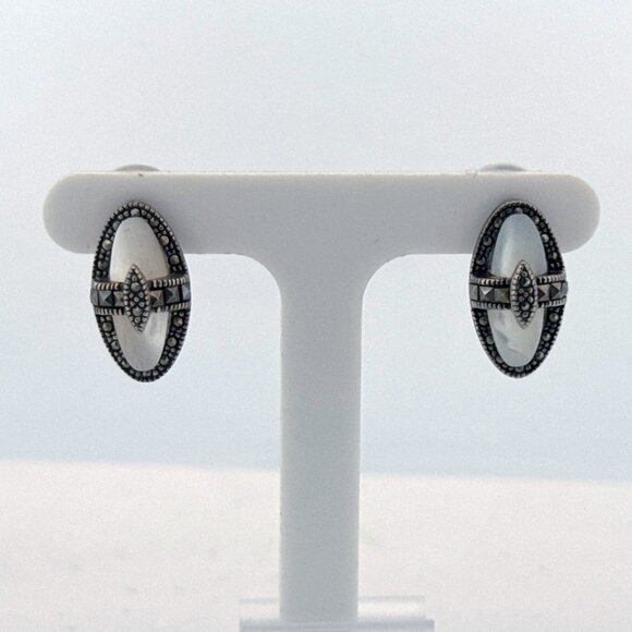 Estate Sterling Silver 925 Oval Marcasite Mother of Pearl EZ Back Stud Earrings - Picture 1 of 8